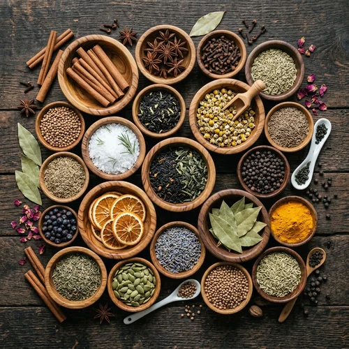 Ervas, sementes e ingredientes naturais terapêuticos